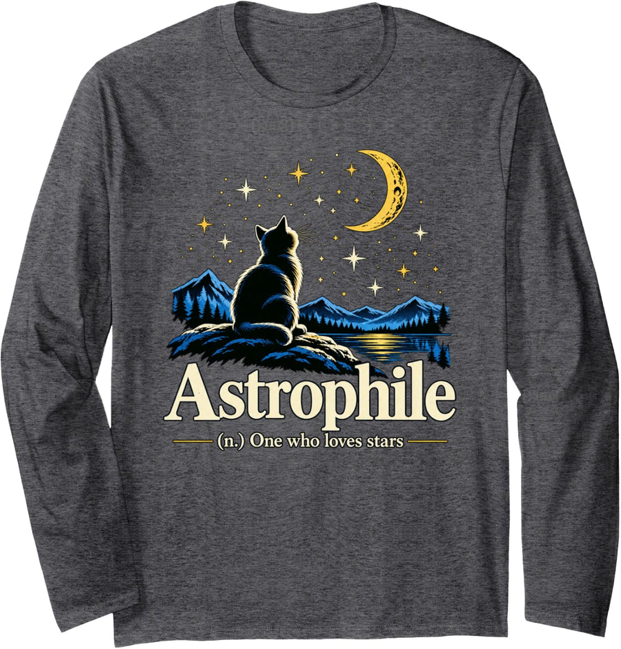 Astrophile Definition One Who Loves Stars Cat Astronomy Fan Long Sleeve T-Shirt - Adult Unisex Dark Heather Grey