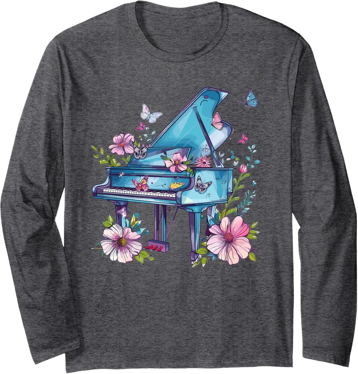 Colorful Piano With Flowers I Music Piano Long Sleeve T-Shirt - Adult Unisex Dark Heather Grey