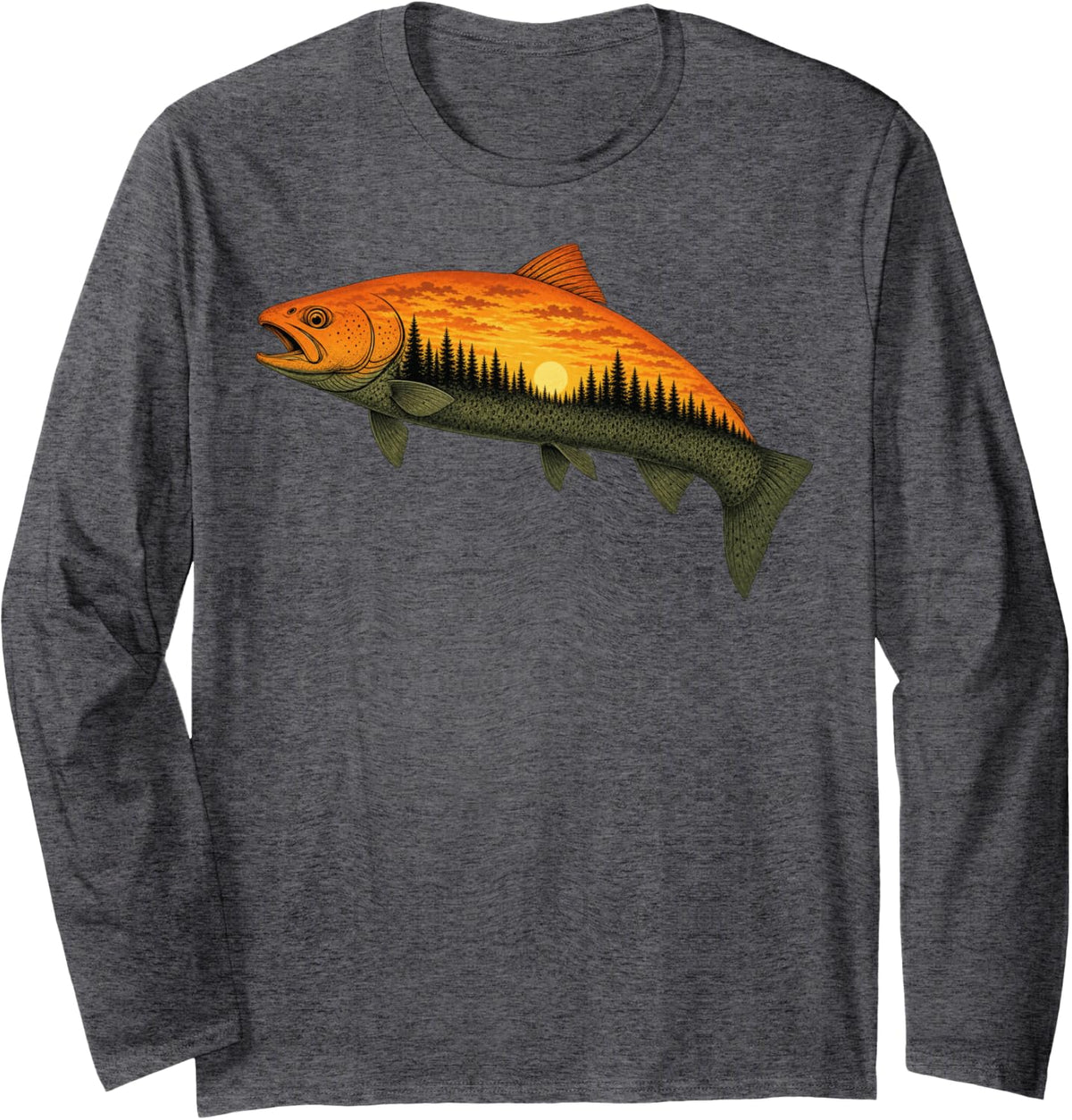 Fishing, Trout, Fly Fishing, Angler Fisherman, Nature Forest Long Sleeve T-Shirt - Adult Unisex Dark Heather Grey