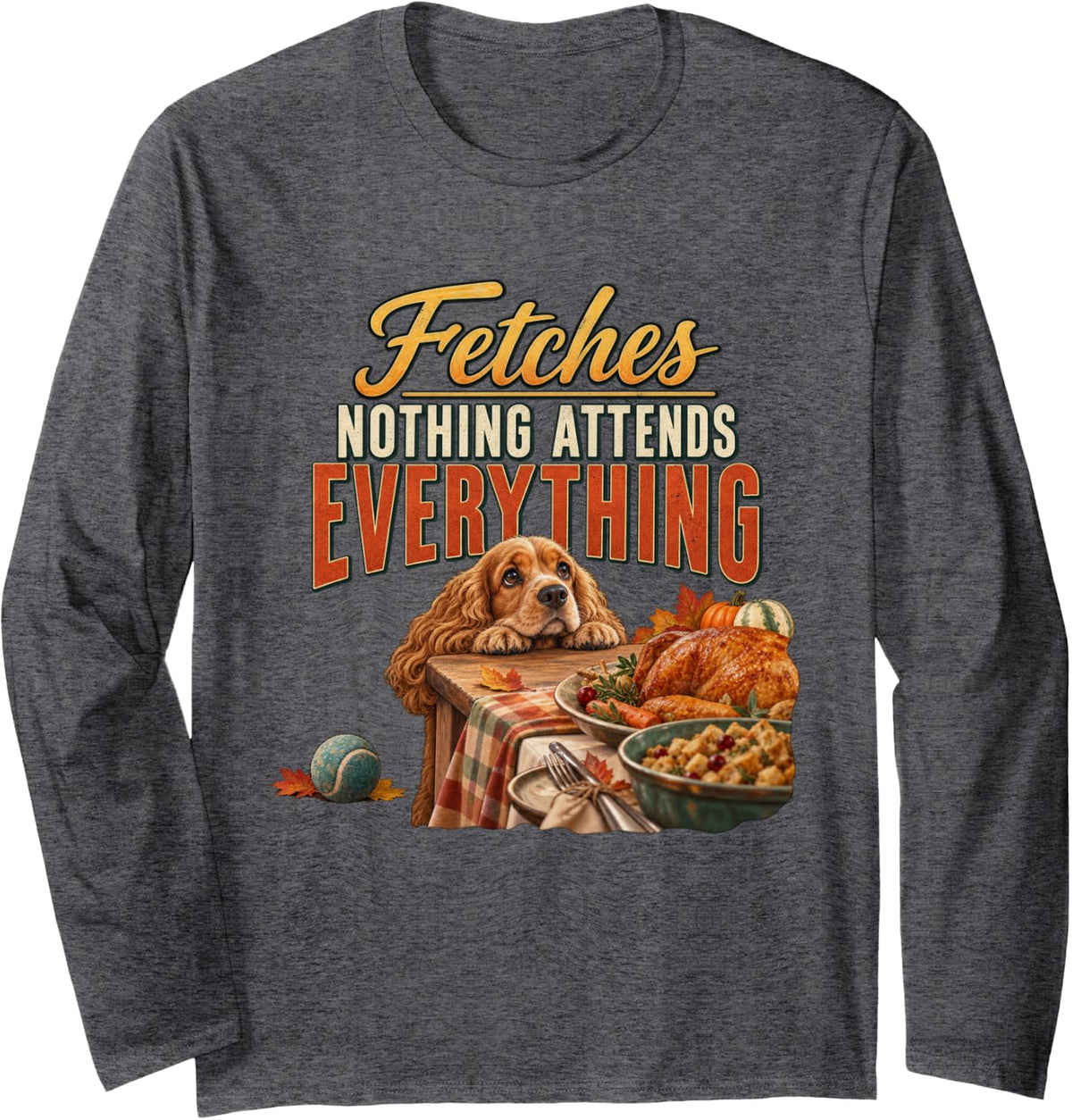 Fetches Nothing Attends Everything Cocker Spaniel Graphic Long Sleeve T-Shirt - Adult Unisex Dark Heather Grey