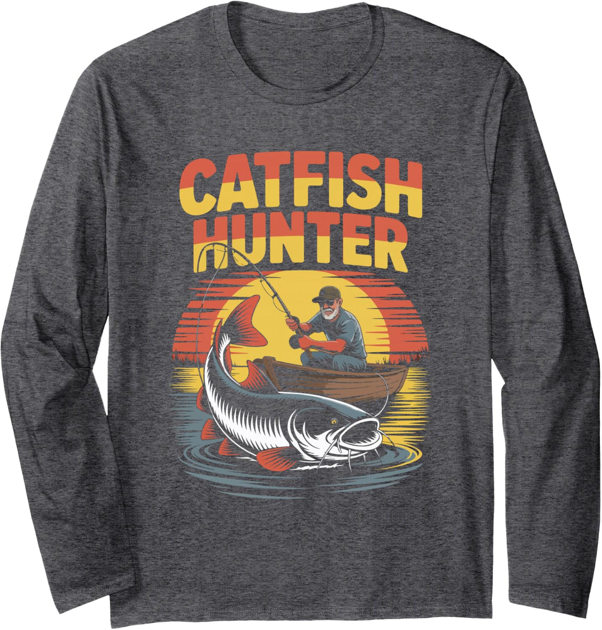 Catfish Hunter Enthusiasts Fishing Apparel Long Sleeve T-Shirt - Adult Unisex Dark Heather Grey