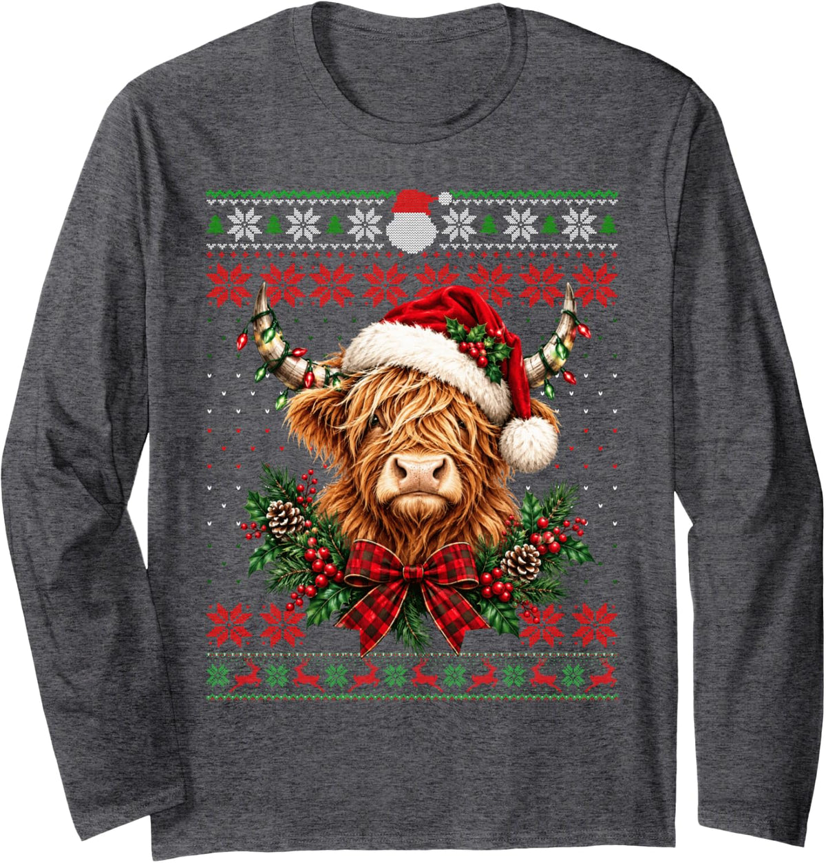 Highland Cow Santa Ugly Christmas Sweater Xmas Men Women Kid Long Sleeve T-Shirt - Adult Unisex Dark Heather Grey
