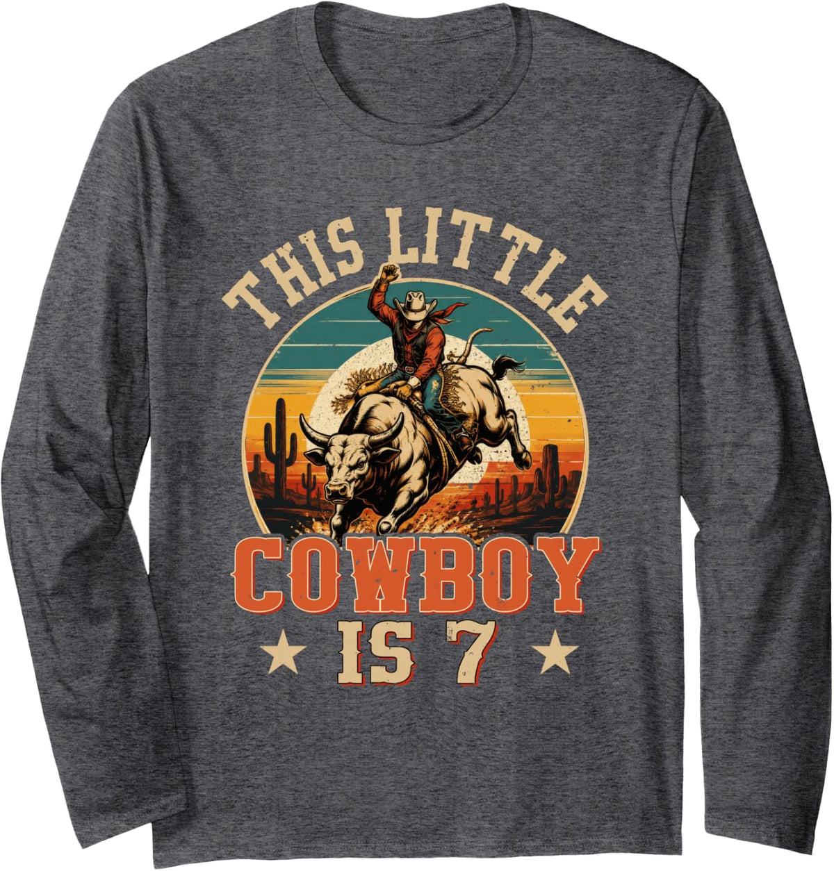 7 Years Old Bull Riding Lover 7th Birthday Cowboy Theme Long Sleeve T-Shirt - Adult Unisex Dark Heather Grey