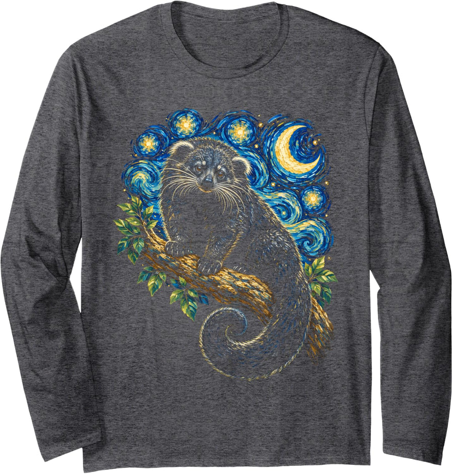 Binturong Van Gogh Starry Night Lover Wildlife Animal Long Sleeve T-Shirt - Adult Unisex Dark Heather Grey