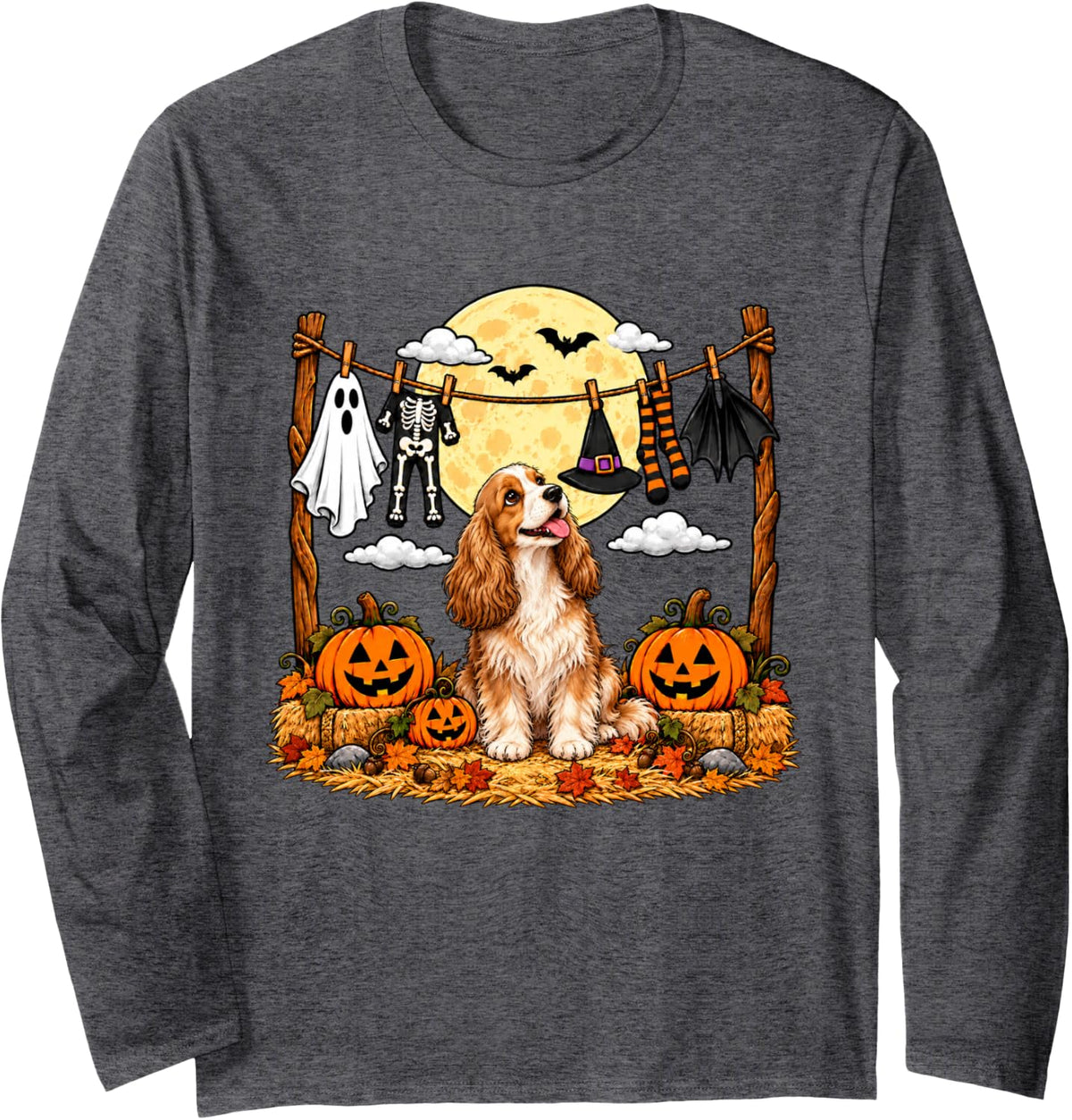 Halloween English Cocker Spaniel Squad Pumpkin Vampire Mummy Long Sleeve T-Shirt - Adult Unisex Dark Heather Grey