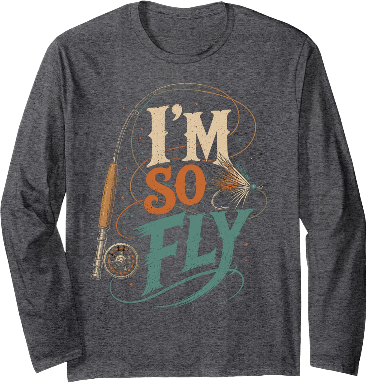 Funny Fly Fishing Men Fly Rod Fishing Trout Fly Casting Long Sleeve T-Shirt - Adult Unisex Dark Heather Grey