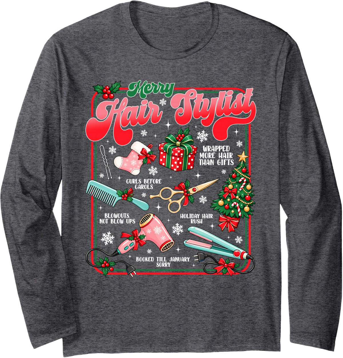 Merry Hairstylist Christmas Barber Scissors Hairdressers Long Sleeve T-Shirt - Adult Unisex Dark Heather Grey