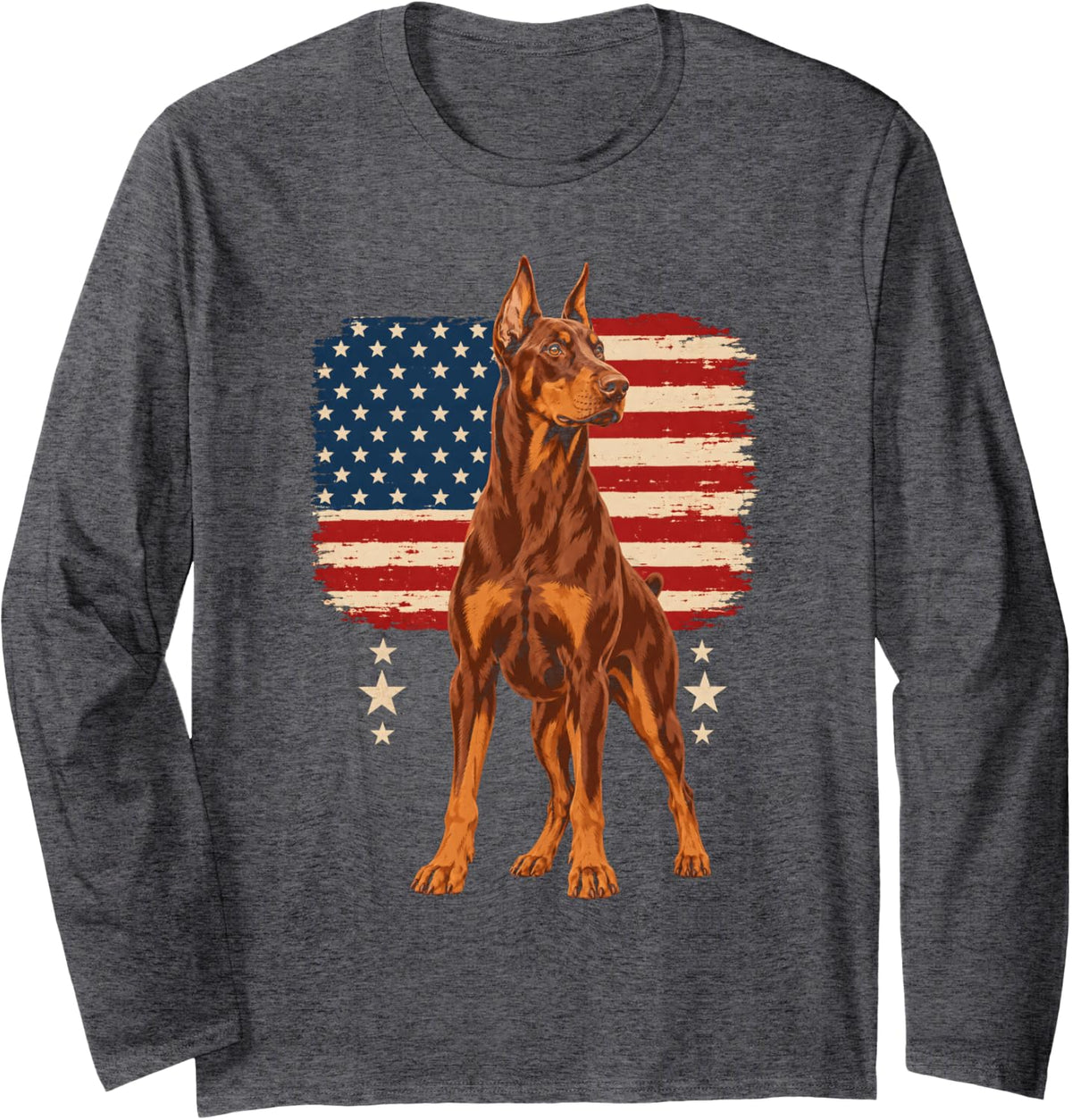 Doberman Pinscher American Flag Long Sleeve T-Shirt - Adult Unisex Dark Heather Grey
