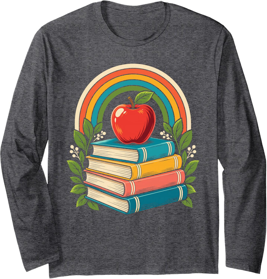 Books Apple Rainbow Teacher Elementary Educators Long Sleeve T-Shirt - Adult Unisex Dark Heather Grey