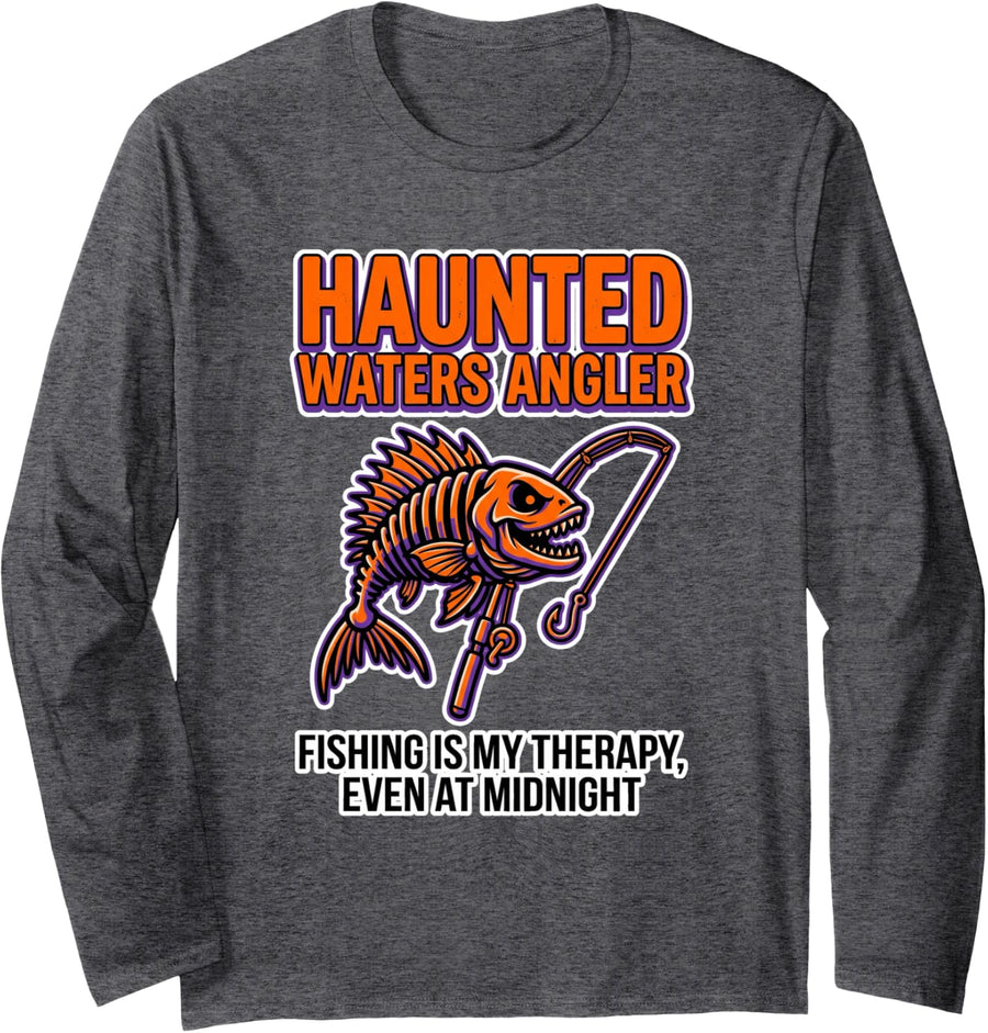 Halloween Fishing Skeleton Fish Angler Spooky Bass Design Long Sleeve T-Shirt - Adult Unisex Dark Heather Grey