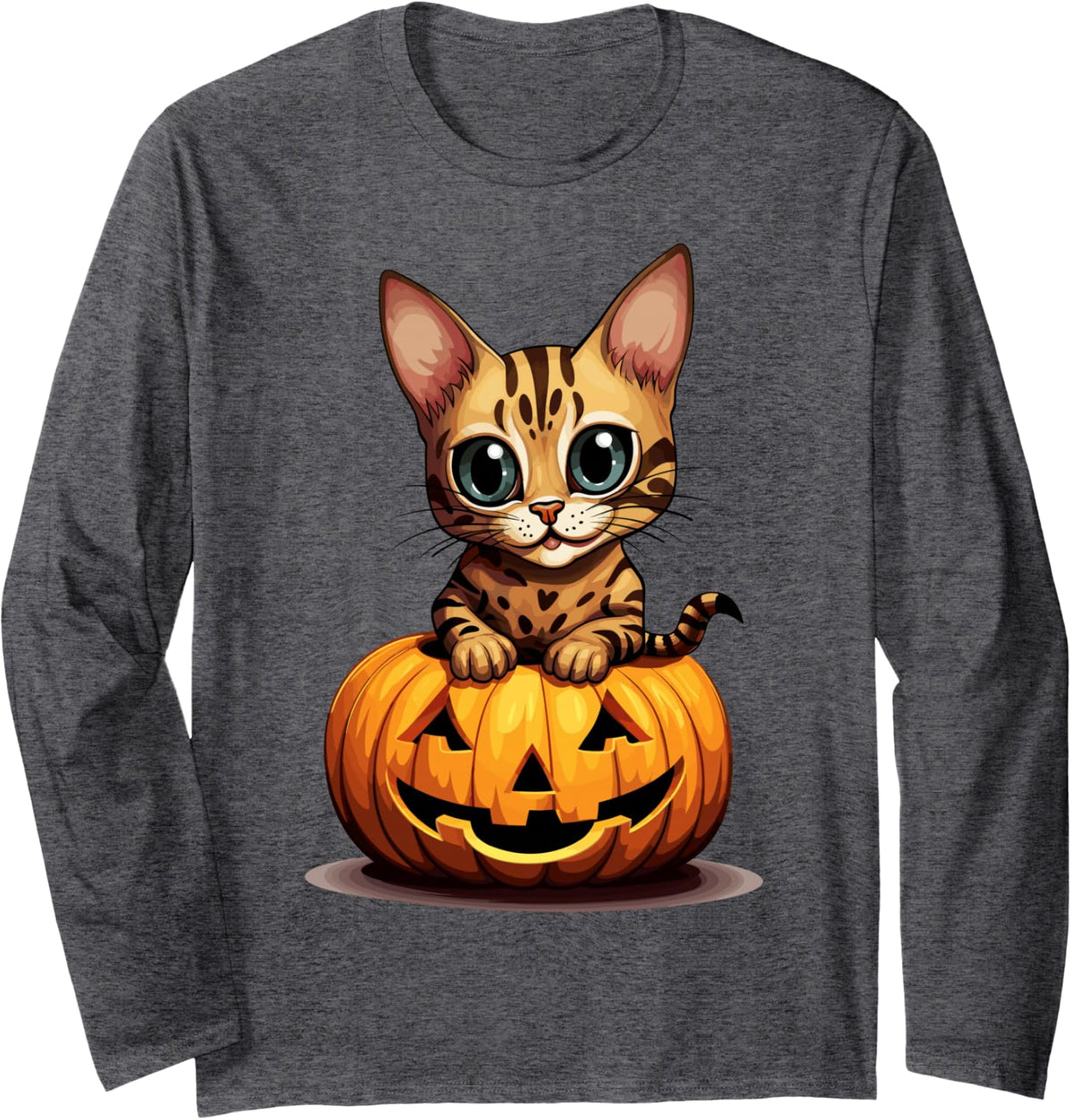 Bengal Cat Pumpkin Cute Halloween Long Sleeve T-Shirt - Adult Unisex Dark Heather Grey