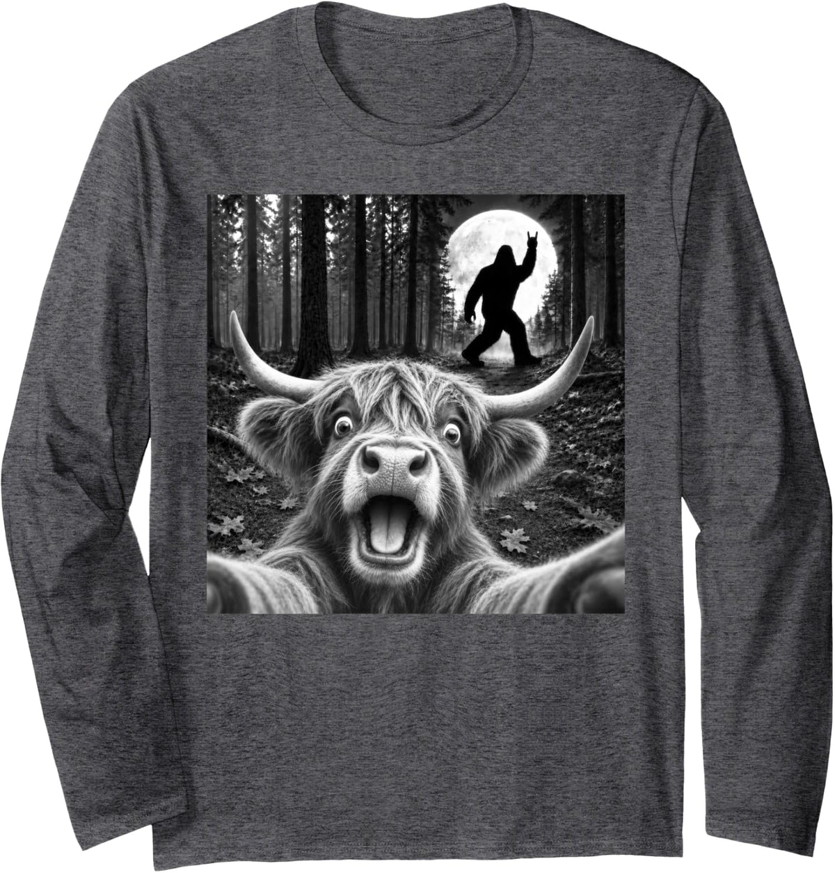 Highland Cow Selfie with Bigfoot Rock and Roll Sasquatch Long Sleeve T-Shirt - Adult Unisex Dark Heather Grey