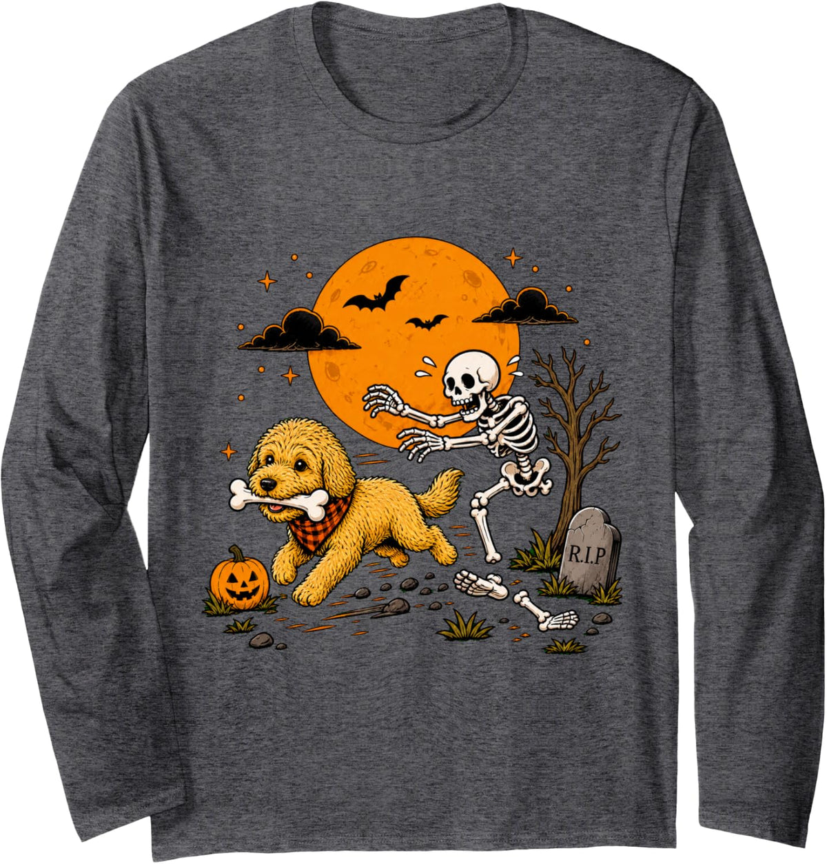 Halloween Dog Skeleton Funny Goldendoodle Men Women Long Sleeve T-Shirt - Adult Unisex Dark Heather Grey