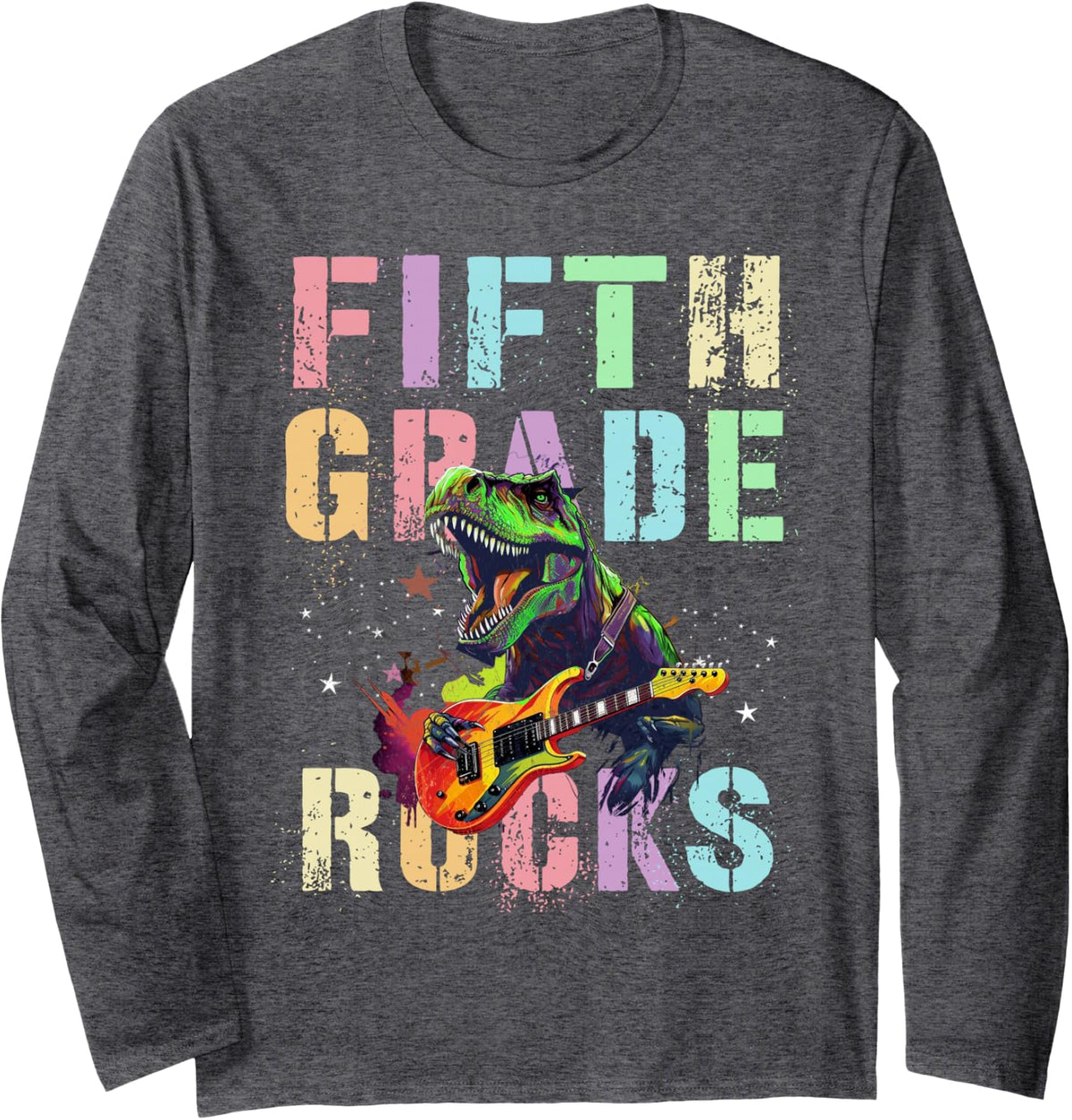 Vintage Fifth Grade Rocks Teacher Crew 5th Gr T-Rex Attack Long Sleeve T-Shirt - Adult Unisex Dark Heather Grey