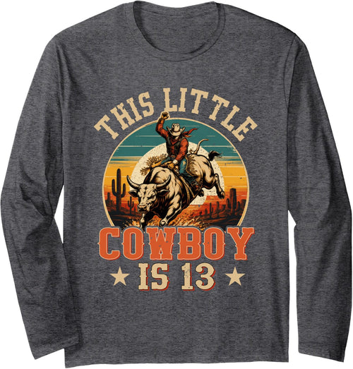 13 Years Old Bull Riding Lover 13th Birthday Cowboy Theme Long Sleeve T-Shirt - Adult Unisex Dark Heather Grey