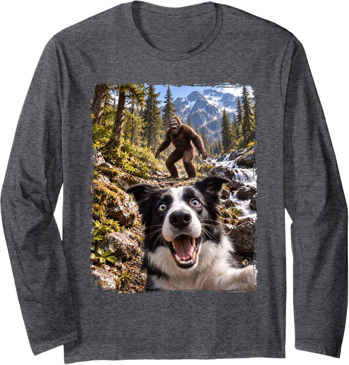 Border Collie Bigfoot Selfie Long Sleeve T-Shirt - Adult Unisex Dark Heather Grey