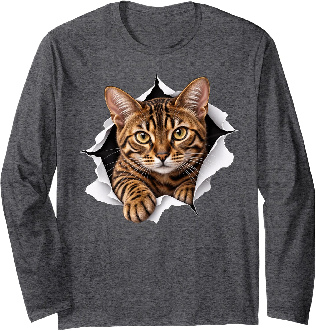 Funny Bengal Cat Peeking Cute Mom Dad Long Sleeve T-Shirt - Adult Unisex Dark Heather Grey