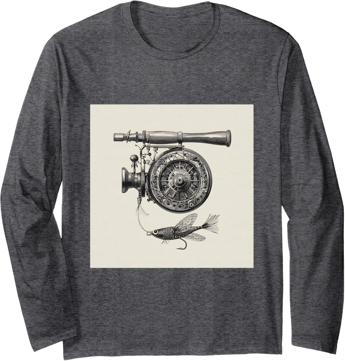 Vintage Fishing Reel Fly Fishing Rod Patent Illustration Long Sleeve T-Shirt - Adult Unisex Dark Heather Grey