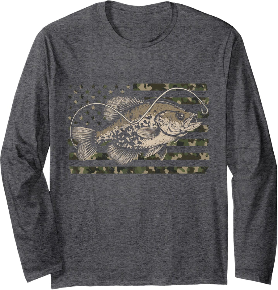 Crappie Fishing Distressed Camo Flag Long Sleeve T-Shirt - Adult Unisex Dark Heather Grey