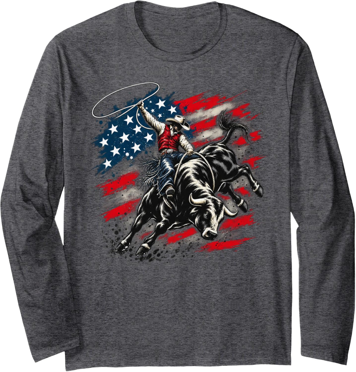 Rodeo Cowboy Riding Bucking Bull USA Flag Long Sleeve T-Shirt - Adult Unisex Dark Heather Grey