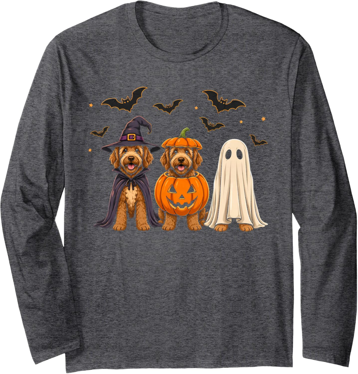 Spooky Ghost Goldendoodle Witch Pumpkin Bats Halloween Dogs Long Sleeve T-Shirt - Adult Unisex Dark Heather Grey