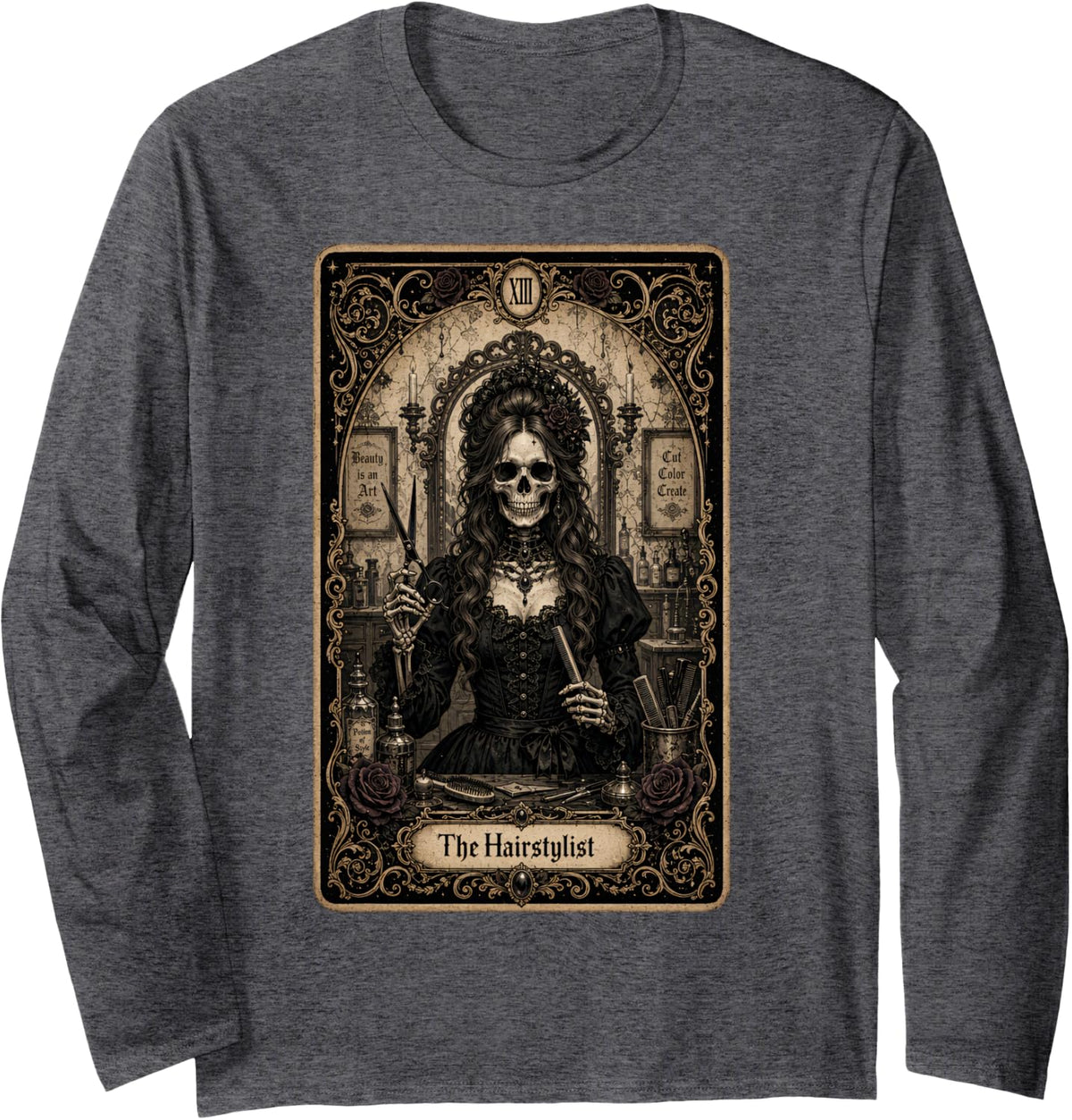 Hairstylist Skeleton Vintage Gothic Tarot Card Salon Women Long Sleeve T-Shirt - Adult Unisex Dark Heather Grey