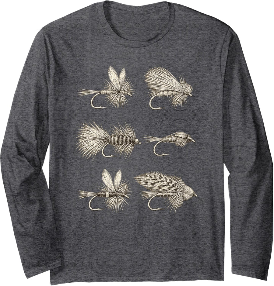 Fly Fishing Trout Flies Field Guide Chart Angler Long Sleeve T-Shirt - Adult Unisex Dark Heather Grey