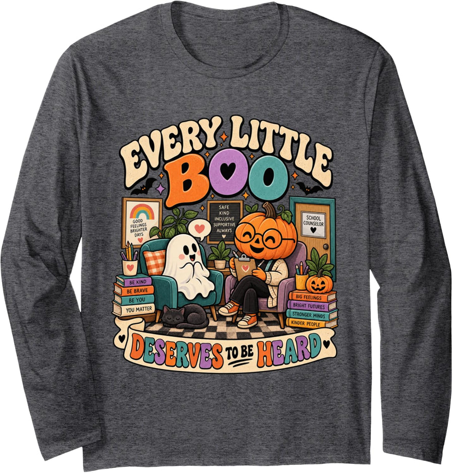 Every Little Boo School Counselor Halloween Humor Long Sleeve T-Shirt - Adult Unisex Dark Heather Grey