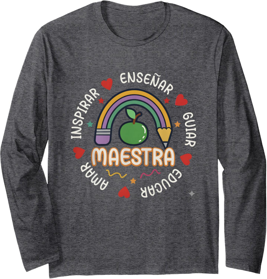 Maestra De Español Appreciation Spanish Teacher Long Sleeve T-Shirt - Adult Unisex Dark Heather Grey