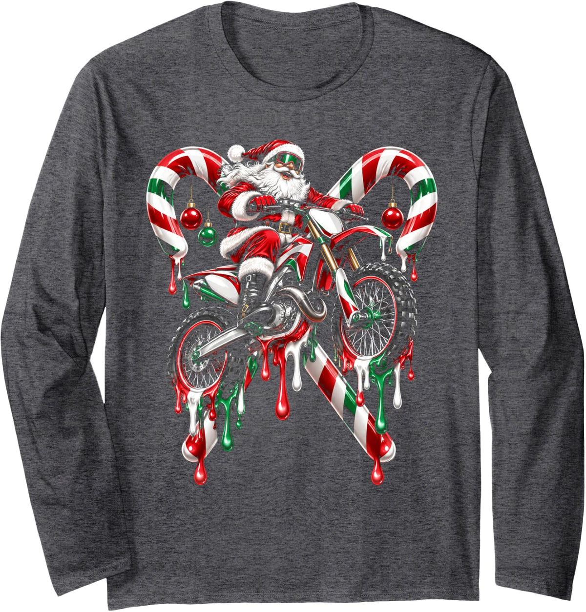 Motocross Christmas Santa Dirt Bike Funny Xmas Long Sleeve T-Shirt - Adult Unisex Dark Heather Grey