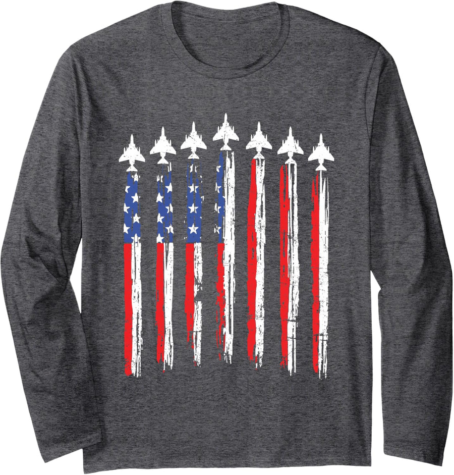 Patriotic F-4 Phantom II Jet Fighter Flag USA 4th of July Long Sleeve T-Shirt - Adult Unisex Dark Heather Grey