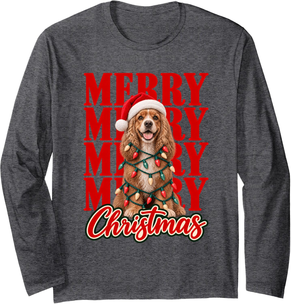 Merry Christmas Cocker Spaniel Dog Lovers Xmas Long Sleeve T-Shirt - Adult Unisex Dark Heather Grey