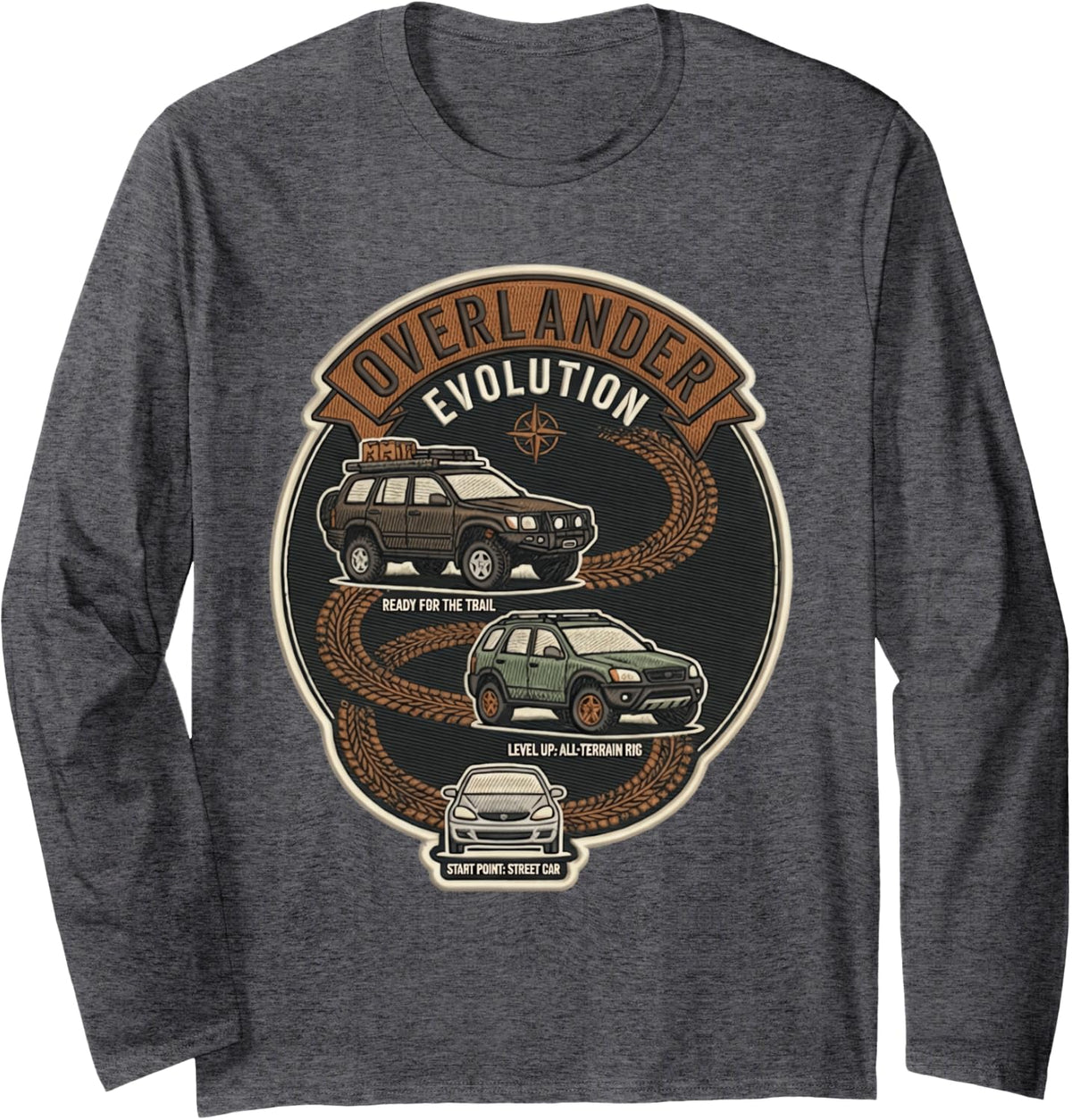 Overlander Evolution Street Car to Off-Road Rig Overlanding Long Sleeve T-Shirt - Adult Unisex Dark Heather Grey