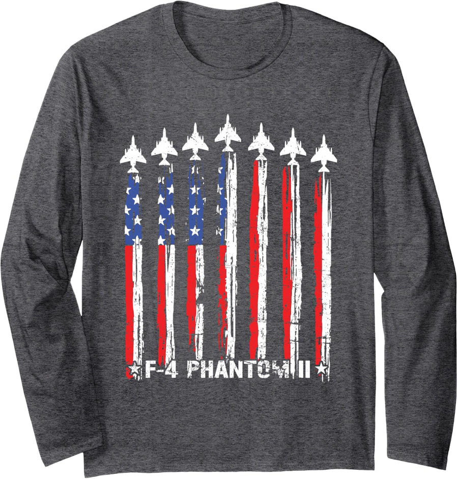 Patriotic F-4 Phantom II Jet Fighter Flag US 4th of July Long Sleeve T-Shirt - Adult Unisex Dark Heather Grey