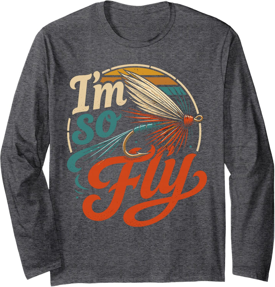 Funny Fly Fishing Trout Fly Casting Fly Fishing Long Sleeve T-Shirt - Adult Unisex Dark Heather Grey