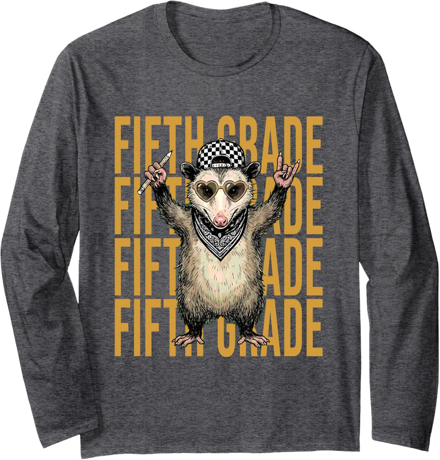 Fifth Grade Opossum Teacher Back to School Rock Gesture Long Sleeve T-Shirt - Adult Unisex Dark Heather Grey