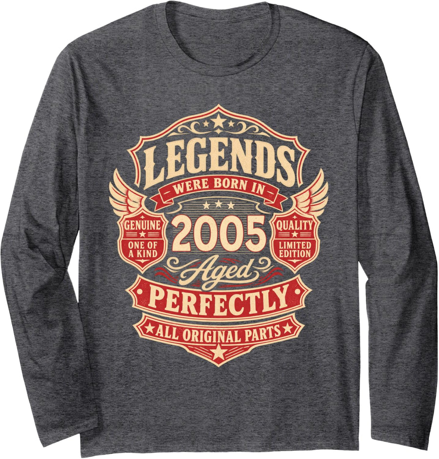 21st Birthday Gift Man Woman Legend Vintage 2005 21 Years Long Sleeve T-Shirt - Adult Unisex Dark Heather Grey
