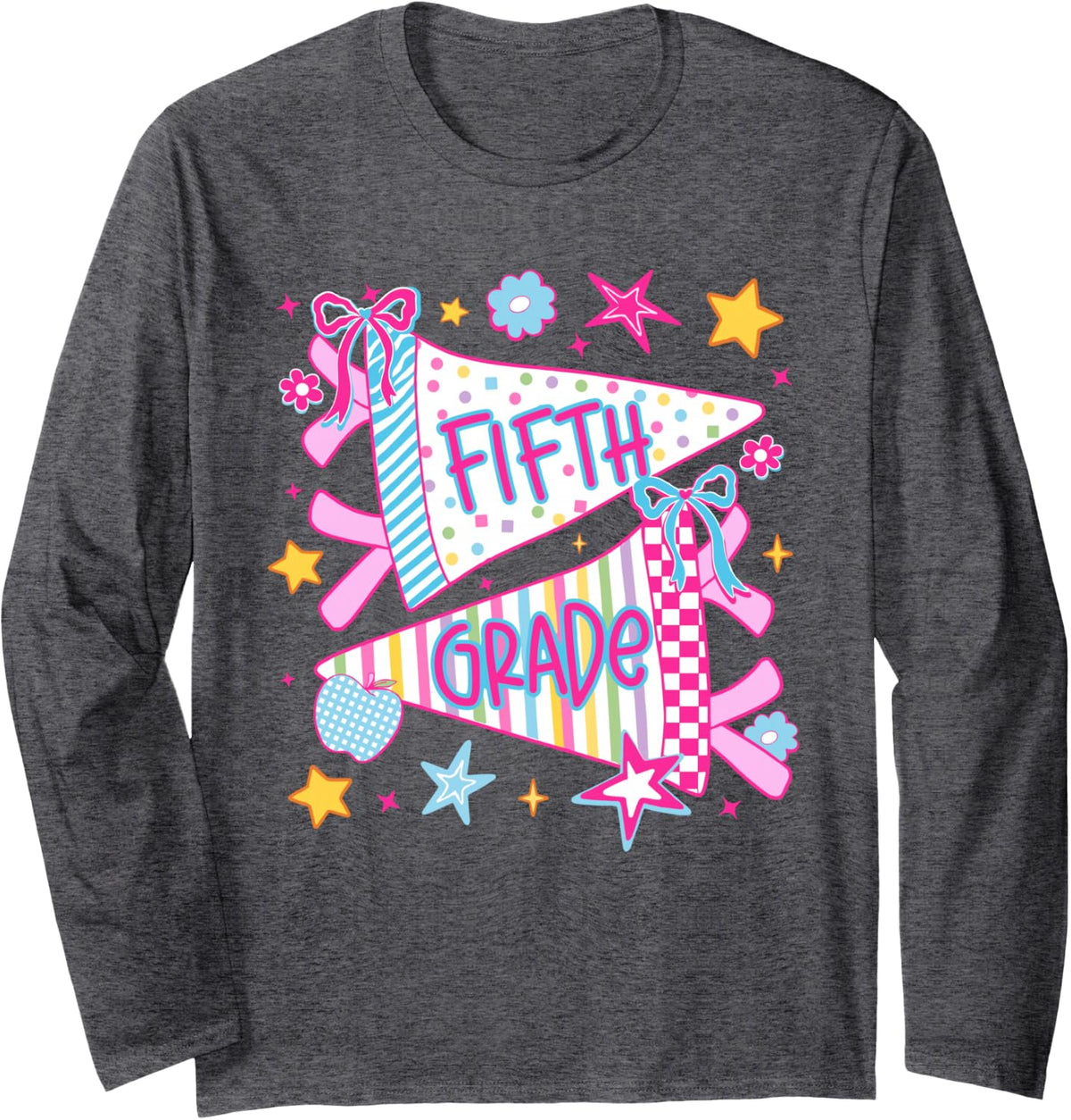 First Day of Fifth Grade Back to School Pennant Bow Girls Long Sleeve T-Shirt - Adult Unisex Dark Heather Grey