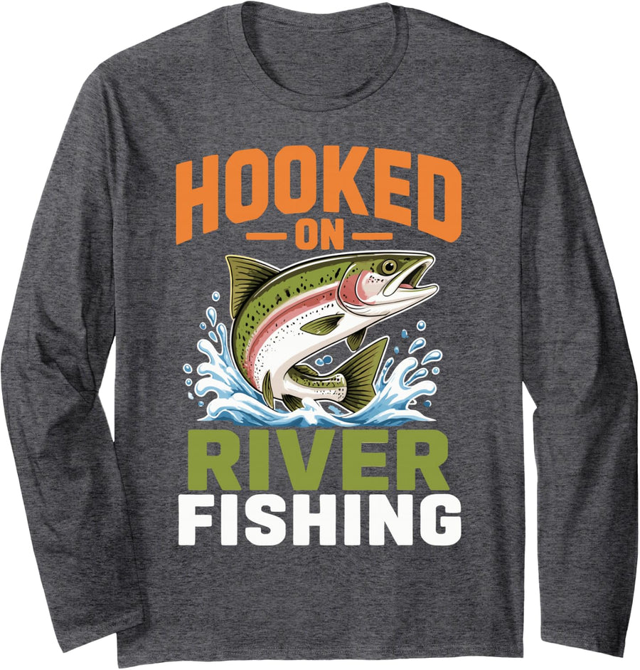 Funny River Fishing Lover Freshwater Angler Fisherman Long Sleeve T-Shirt - Adult Unisex Dark Heather Grey