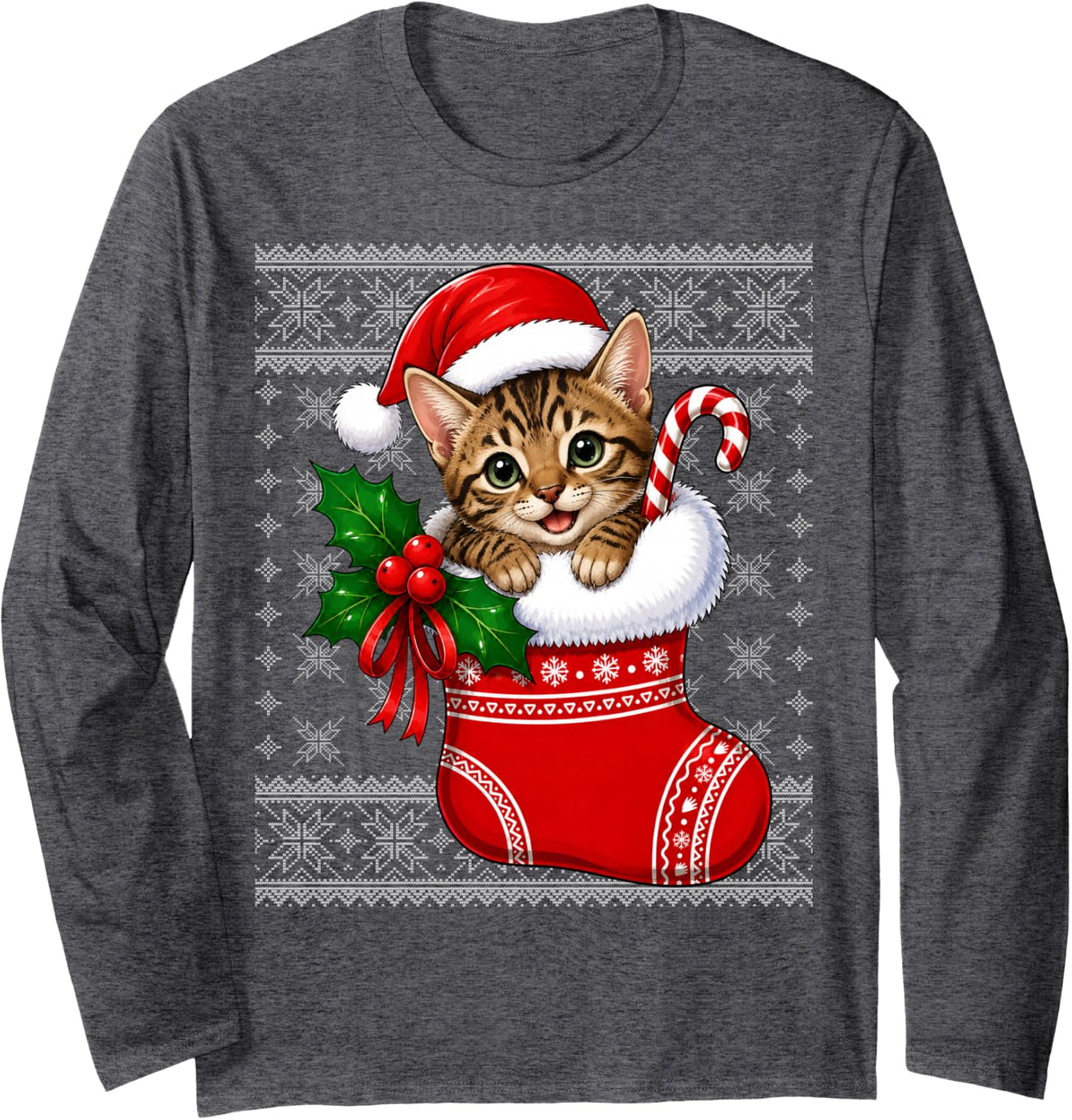 Bengal Cat Christmas Stocking Cute Festive Cat Ugly Xmas Long Sleeve T-Shirt - Adult Unisex Dark Heather Grey