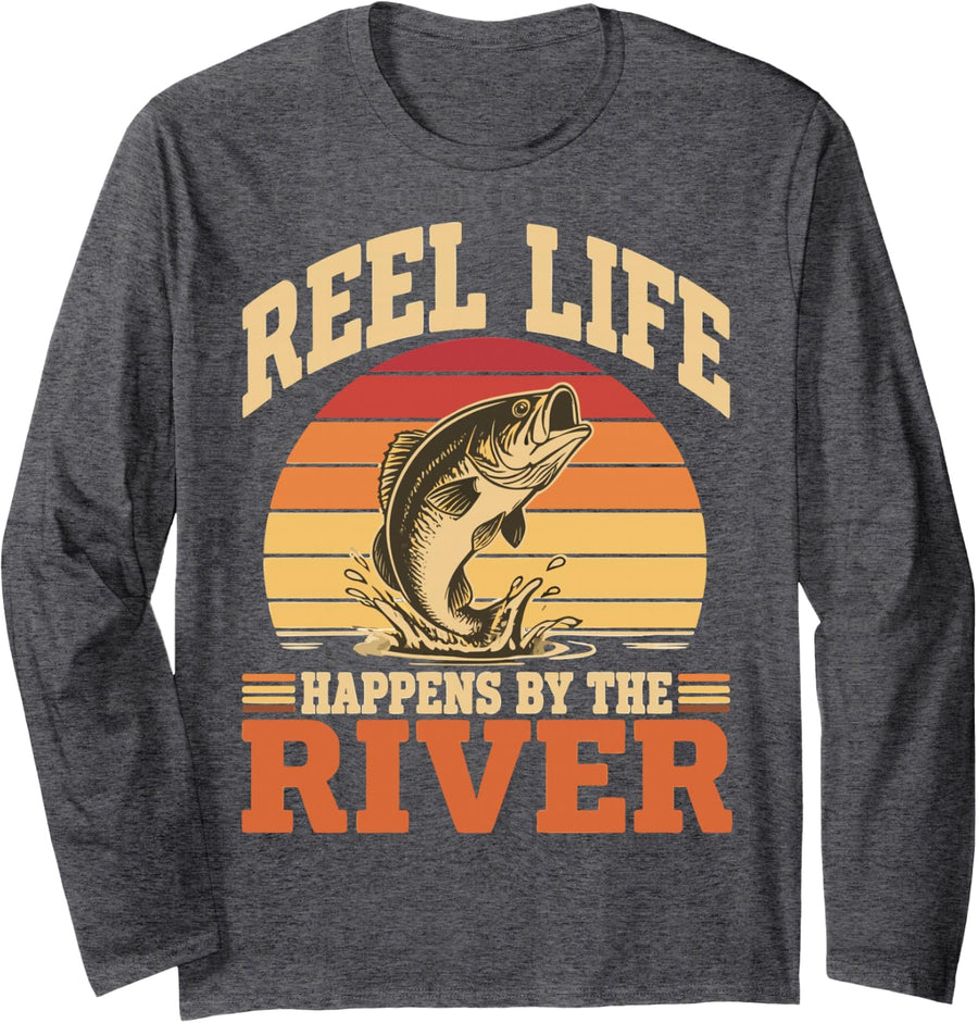 Vintage River Fishing Reel Freshwater Angler Fisherman Long Sleeve T-Shirt - Adult Unisex Dark Heather Grey