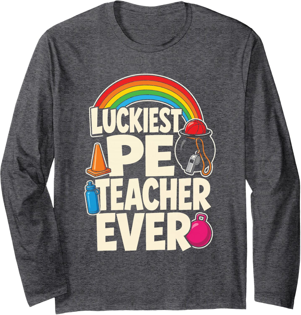 PE Teacher St Patricks Day Luckiest Ever Gym Elementary Long Sleeve T-Shirt - Adult Unisex Dark Heather Grey