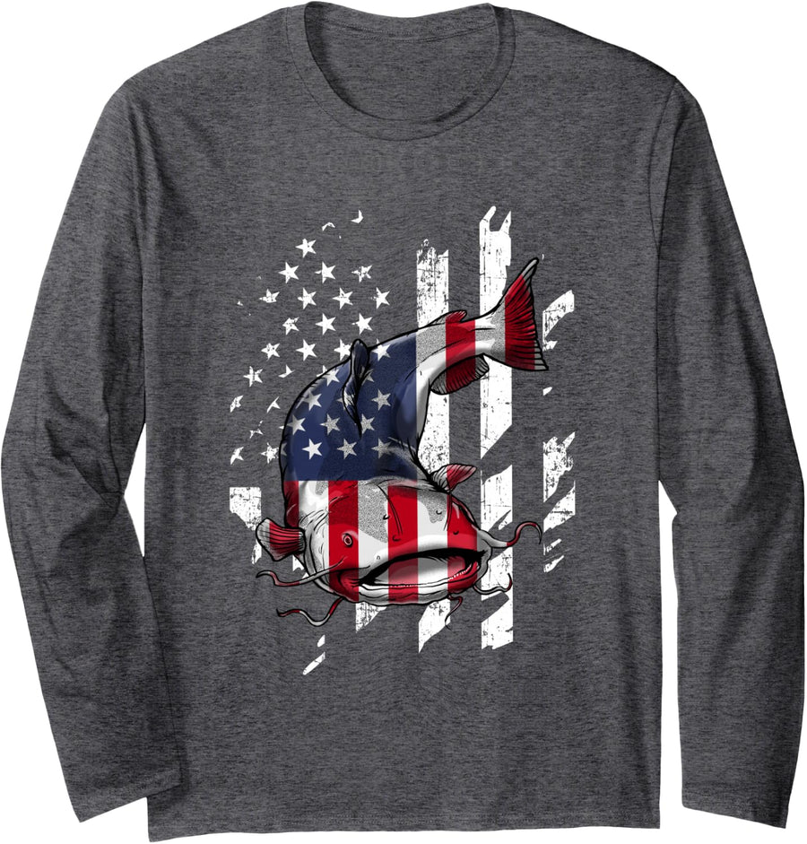 Catfishing American Flag - Catfish Angler Fisherman Long Sleeve T-Shirt - Adult Unisex Dark Heather Grey