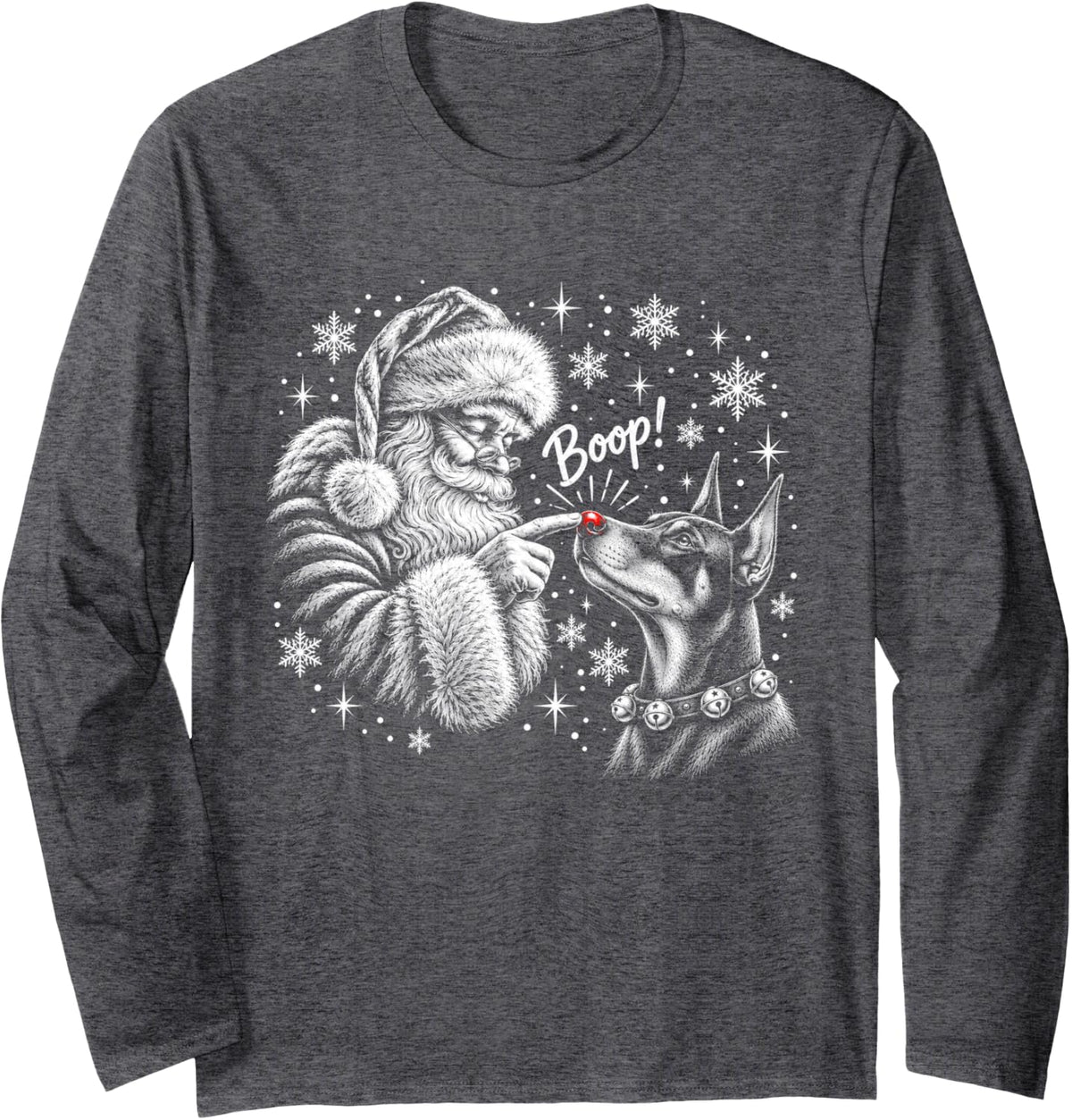 Doberman Pinscher Santa Boo-p Nose Touch Christmas Dog Lover Long Sleeve T-Shirt - Adult Unisex Dark Heather Grey