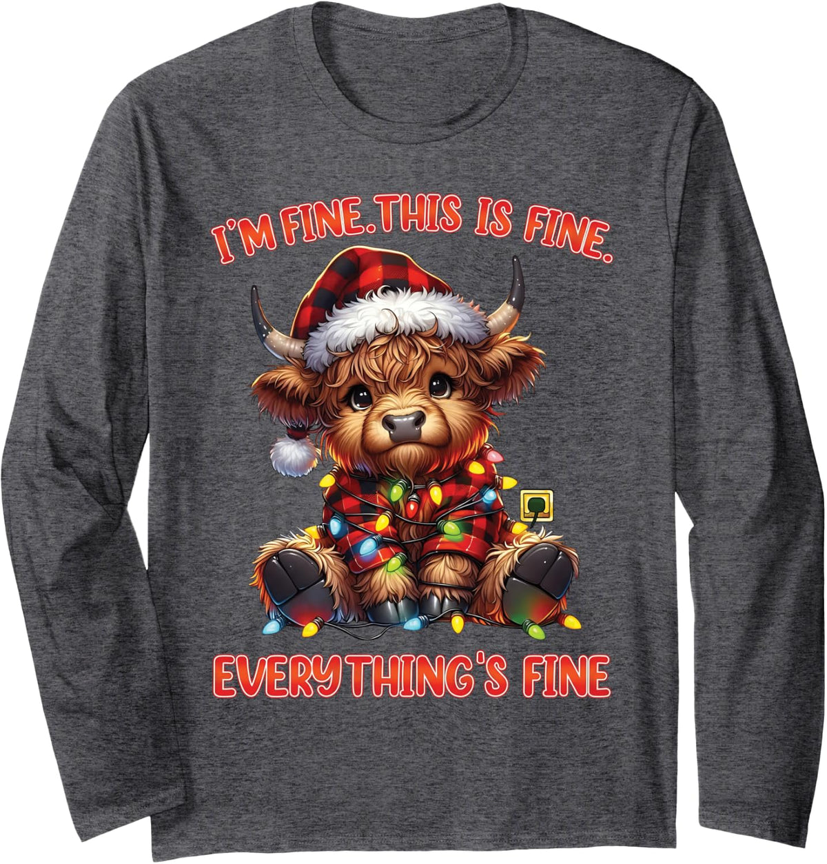 I'm Fine Everything is Fine Red Plaid Highland Cow Christmas Long Sleeve T-Shirt - Adult Unisex Dark Heather Grey