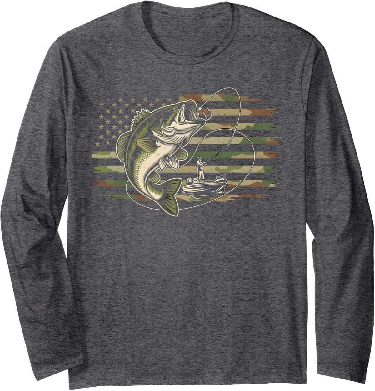 Fishing Camouflage US American Flag Bass Fish Fisherman Camo Long Sleeve T-Shirt - Adult Unisex Dark Heather Grey