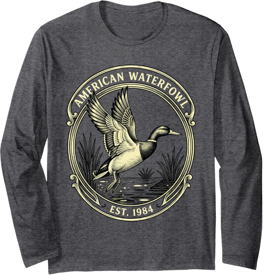 Vintage Mallard Sweatshirt Men Duck Hunting Crewneck Country Long Sleeve T-Shirt - Adult Unisex Dark Heather Grey
