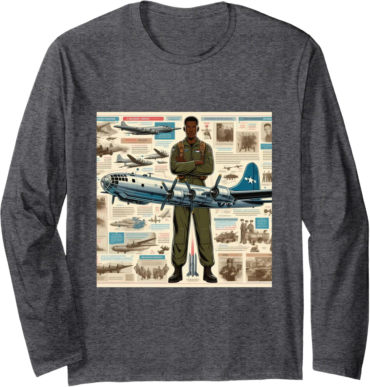 B29 Superfortress WW2 Warplane Airplane Infographics Long Sleeve T-Shirt - Adult Unisex Dark Heather Grey