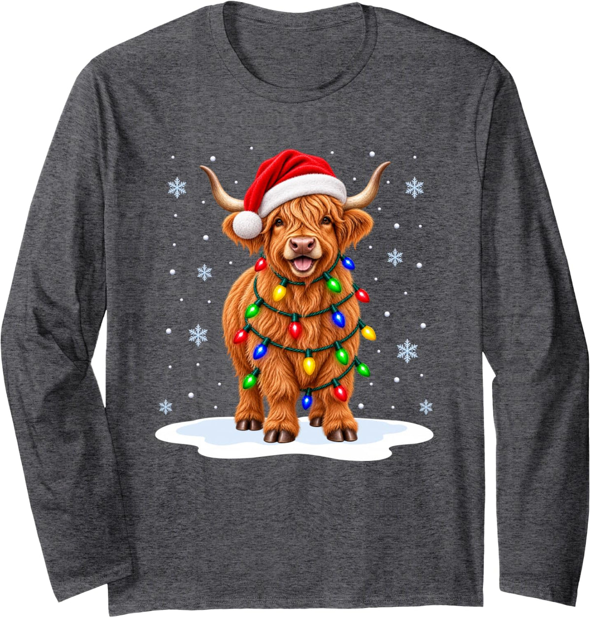 Highland Cow Christmas Lights Animal Lover Xmas Long Sleeve T-Shirt - Adult Unisex Dark Heather Grey