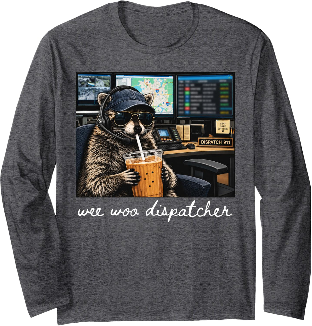 Wee Woo Dispatcher Funny Raccoon 911 Dispatcher Iced Coffee Long Sleeve T-Shirt - Adult Unisex Dark Heather Grey
